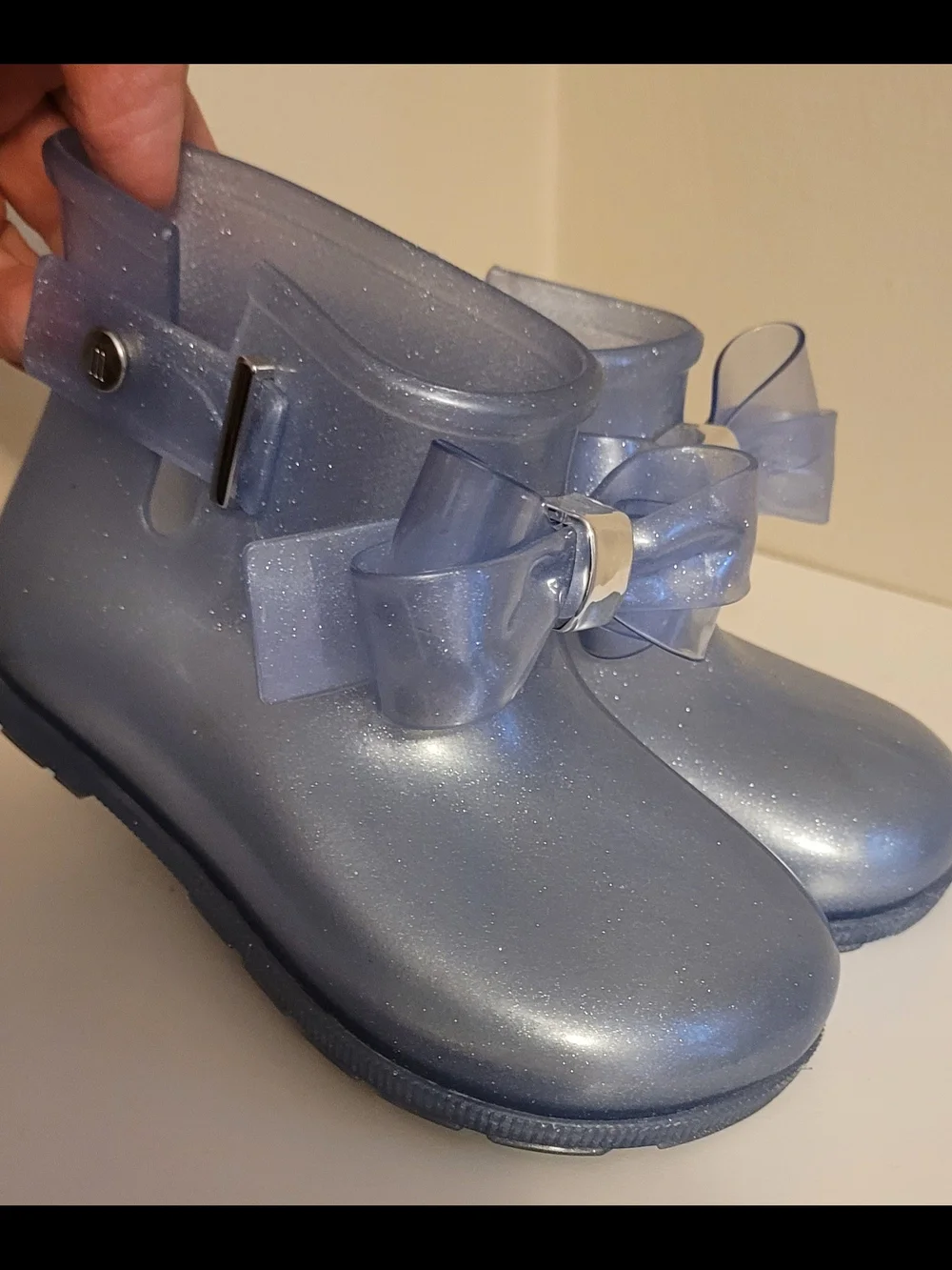 Mini Melissa Sparkle Light Blue Rain Boots with Bow Accent